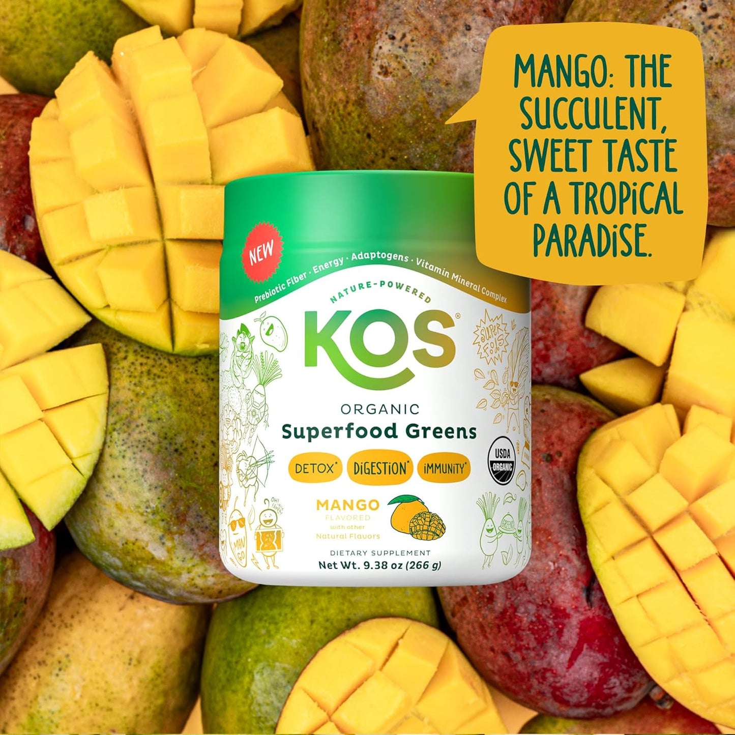 USDA Certified Organic Superfood Greens Powder for Gut Health - Prebiotic Fiber, Supergreens, Adaptogens - 28 Servings Mango - GMP Certified