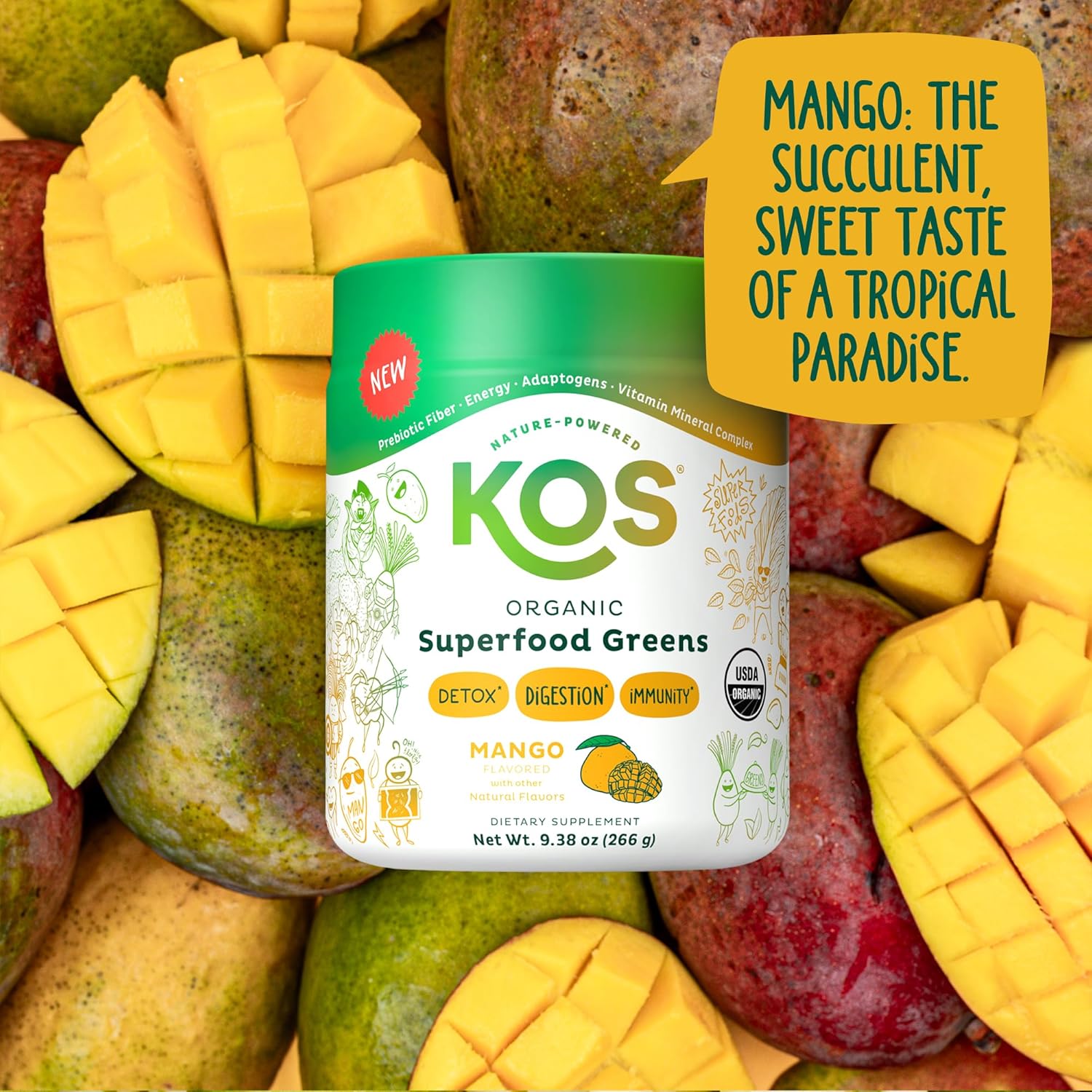 USDA Certified Organic Superfood Greens Powder for Gut Health - Prebiotic Fiber, Supergreens, Adaptogens - 28 Servings Mango - GMP Certified