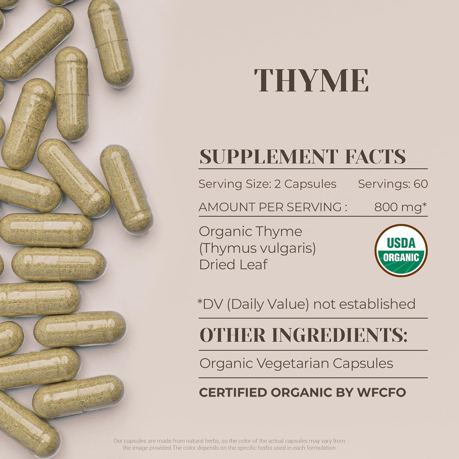 USDA Certified Organic Thyme Capsules - High-Potency Supplement with Dried Thyme Leaf - 120 Vegetarian Capsules