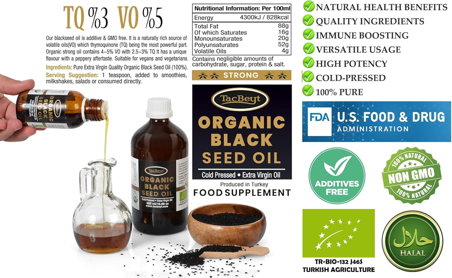 USDA Certified Turkish Black Seed Oil Liquid | 100% Organic Special Seed | Highest Thymoquinone Content | Cold-Pressed, Non GMO (3.38 Fl Oz)