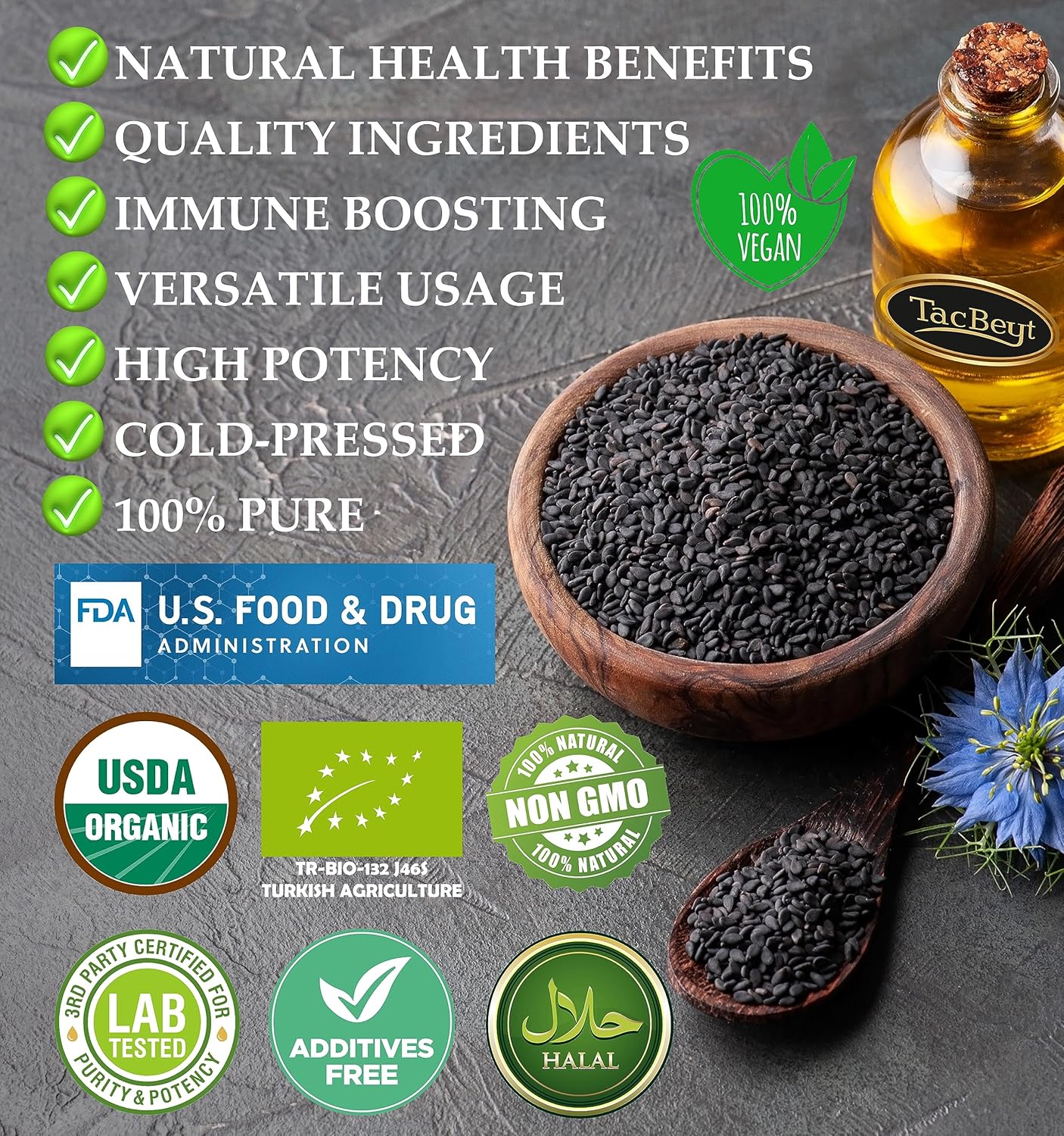 USDA Certified Turkish Black Seed Oil Liquid | 100% Organic Special Seed | Highest Thymoquinone Content | Cold-Pressed, Non GMO (3.38 Fl Oz)