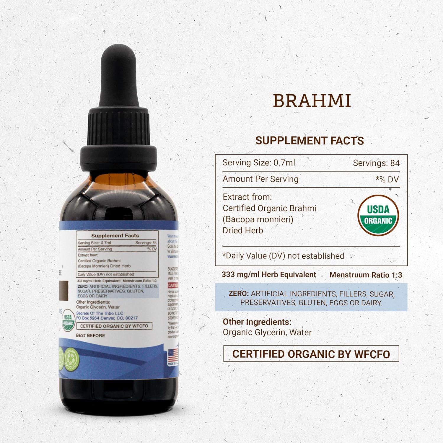 USDA Organic Brahmi Herbal Drops | Alcohol-Free Extract, High-Potency Formula | Made from Certified Organic Bacopa Monnieri Herb 2 oz