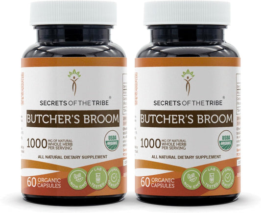 USDA Organic Butcher's Broom Capsules - 1000mg Dried Root - Pack of 2 - Secrets of the Tribe