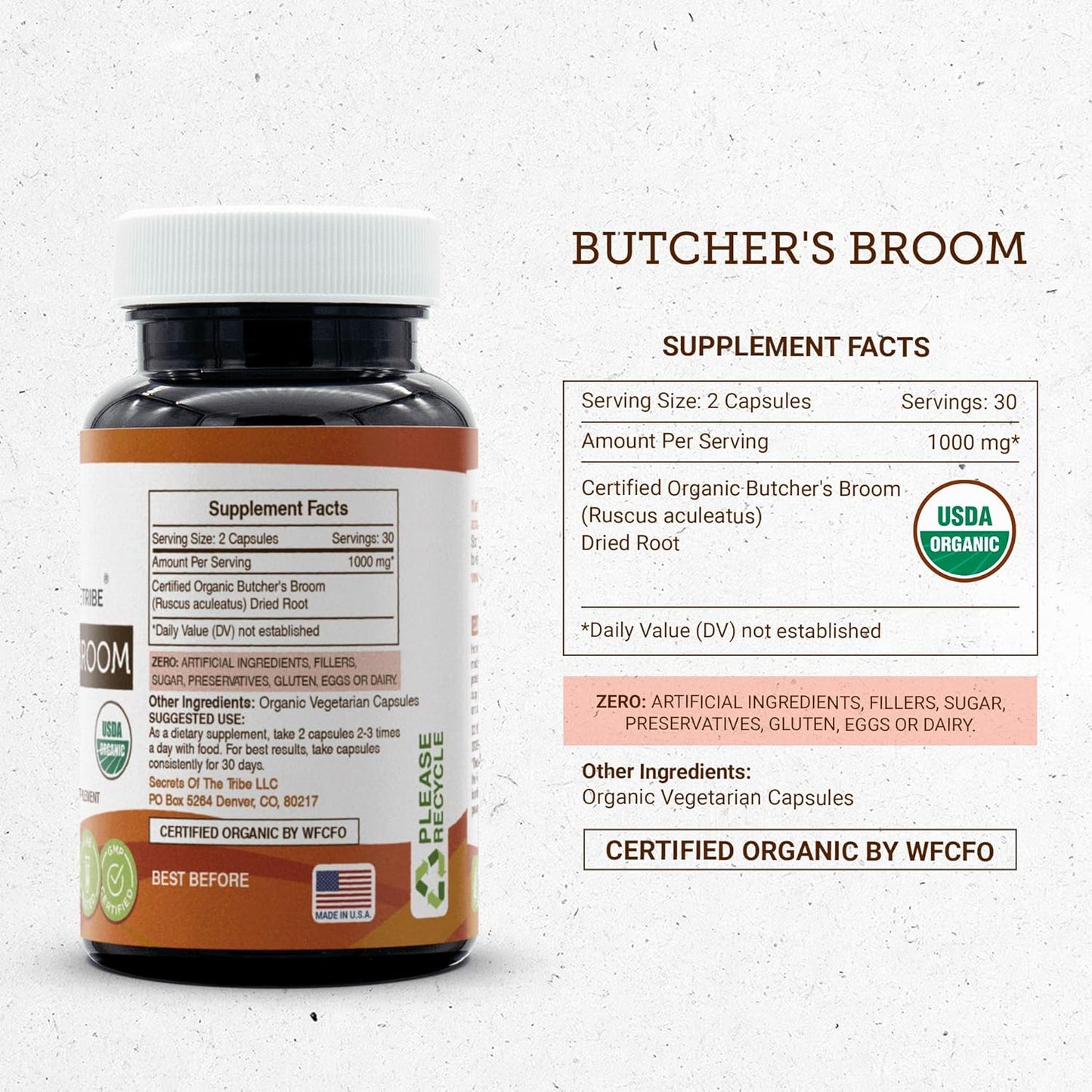 USDA Organic Butcher's Broom Capsules - 1000mg Dried Root - Pack of 2 - Secrets of the Tribe