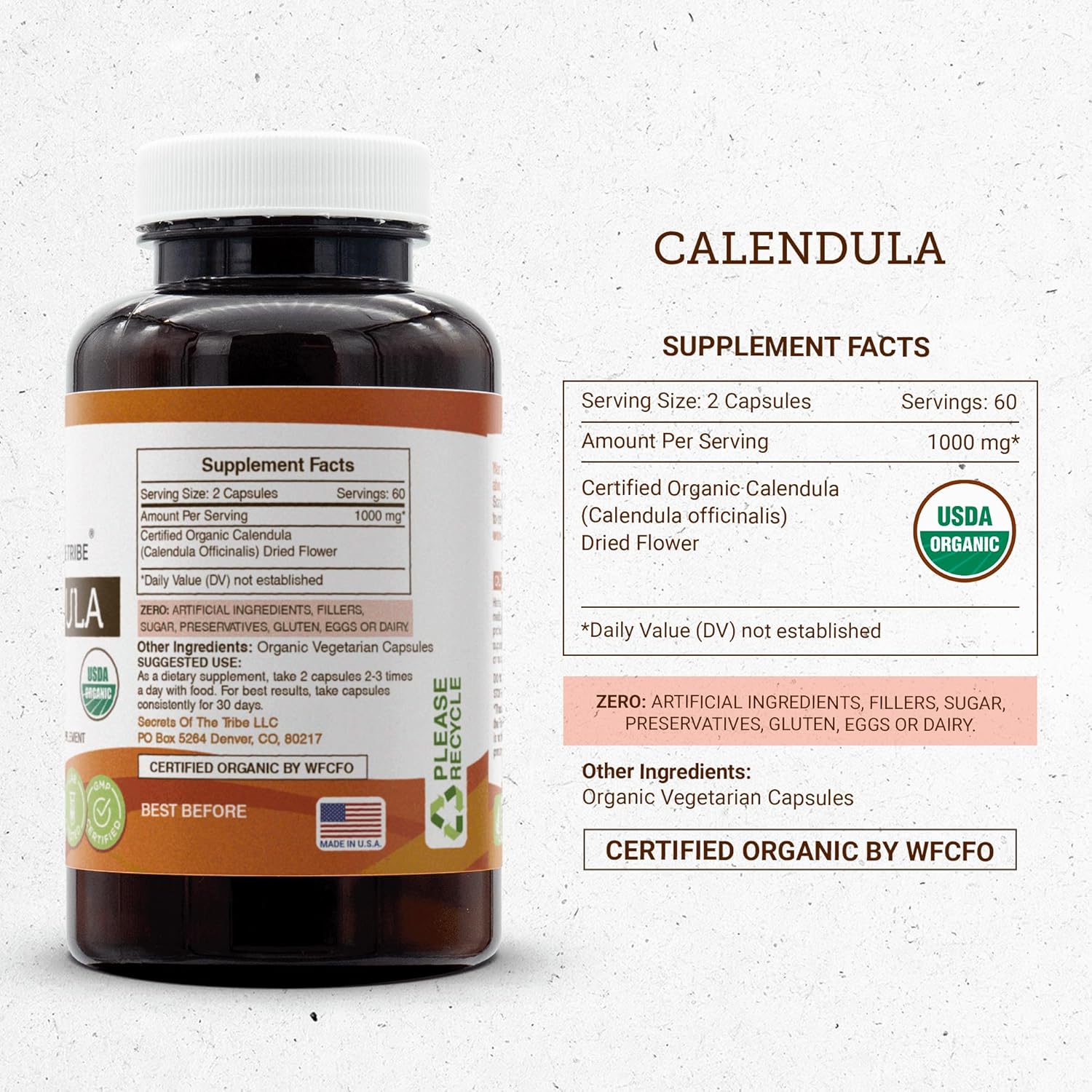 USDA Organic Calendula Officinalis Dried Flower Capsules - 120 Count, 1000 mg by Secrets of the Tribe