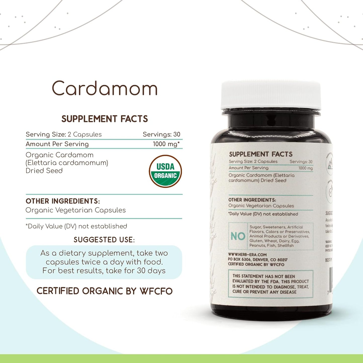 USDA Organic Cardamom Capsules - 60 Count | Herbal Supplement with Organic Cardamom | Vegetarian Capsules with Dried Cardamom Pods