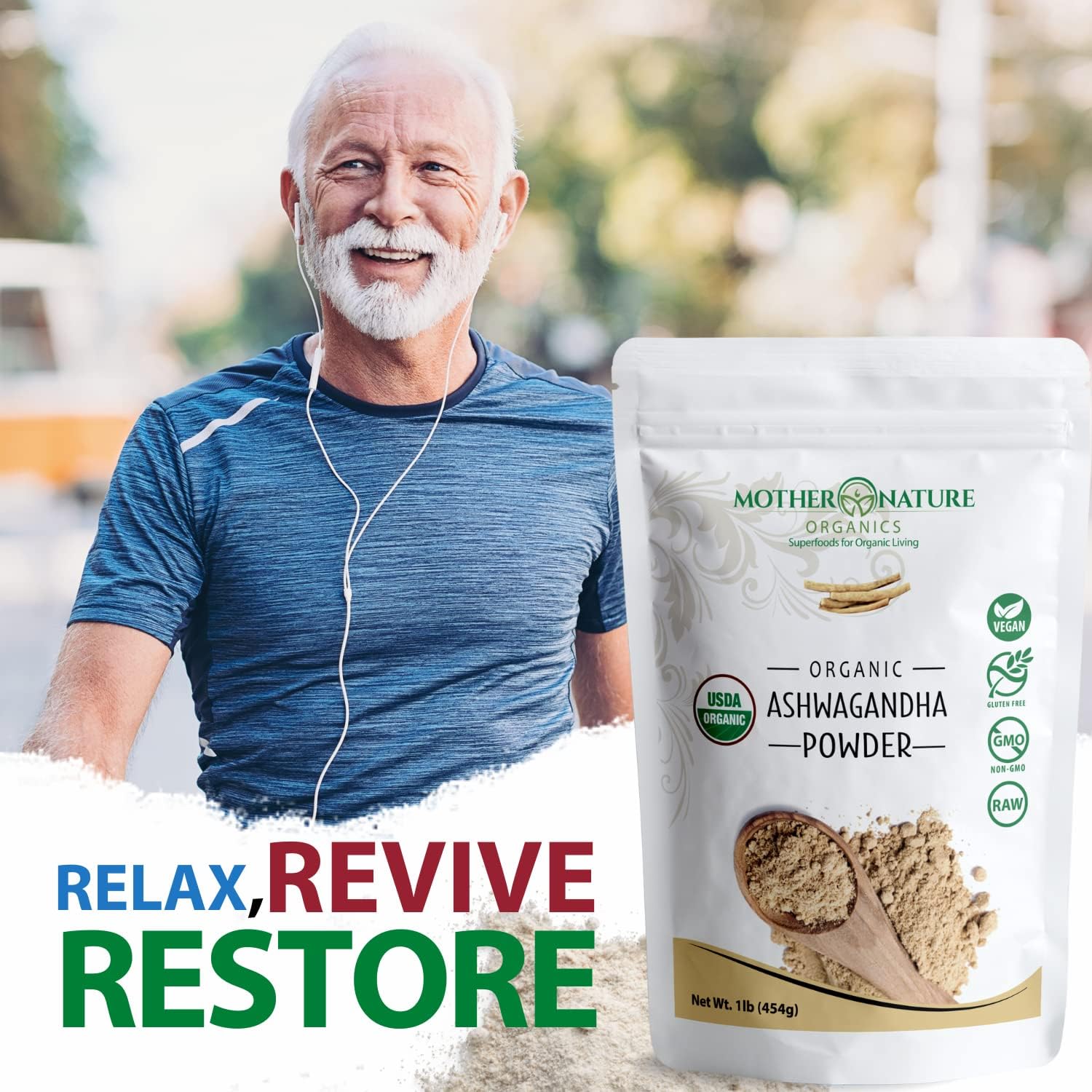 USDA Organic Certified Ashwagandha Powder - 100% Pure Superfood Supplement for Organic Living - Mother Nature Organics - Non-GMO, Vegan, Gluten-Free - Raw Adaptogen Herb (1lb Bag)