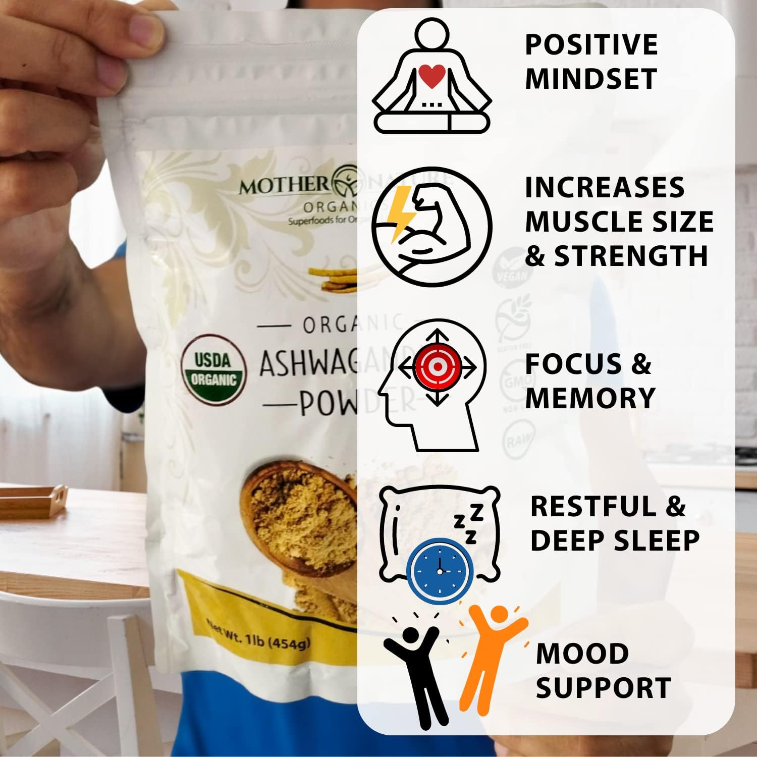 USDA Organic Certified Ashwagandha Powder - 100% Pure Superfood Supplement for Organic Living - Mother Nature Organics - Non-GMO, Vegan, Gluten-Free - Raw Adaptogen Herb (1lb Bag)