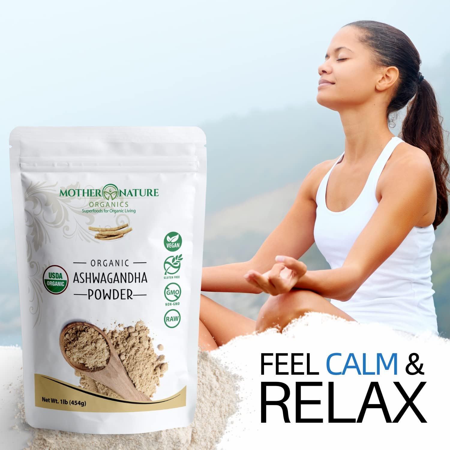 USDA Organic Certified Ashwagandha Powder - 100% Pure Superfood Supplement for Organic Living - Mother Nature Organics - Non-GMO, Vegan, Gluten-Free - Raw Adaptogen Herb (1lb Bag)