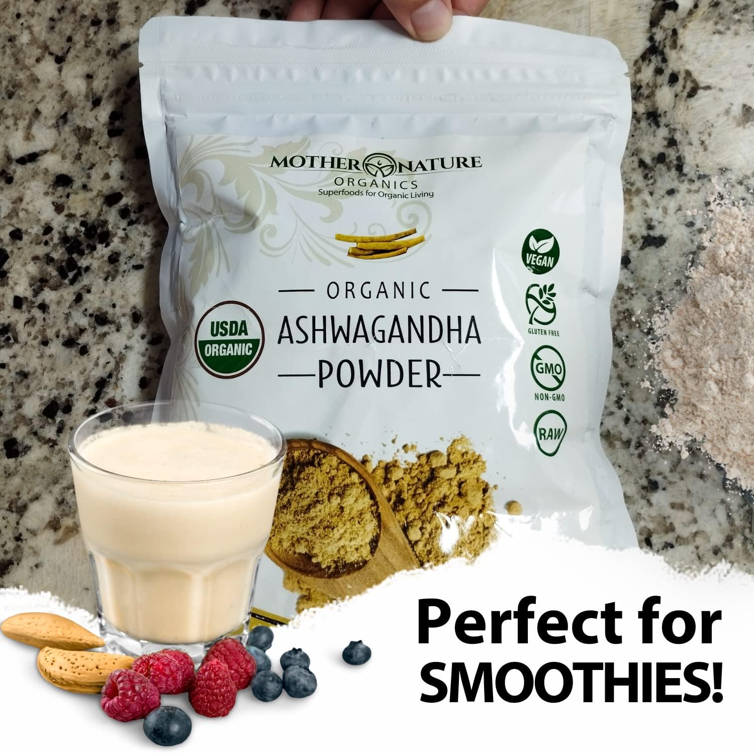 USDA Organic Certified Ashwagandha Powder - 100% Pure Superfood Supplement for Organic Living - Mother Nature Organics - Non-GMO, Vegan, Gluten-Free - Raw Adaptogen Herb (1lb Bag)