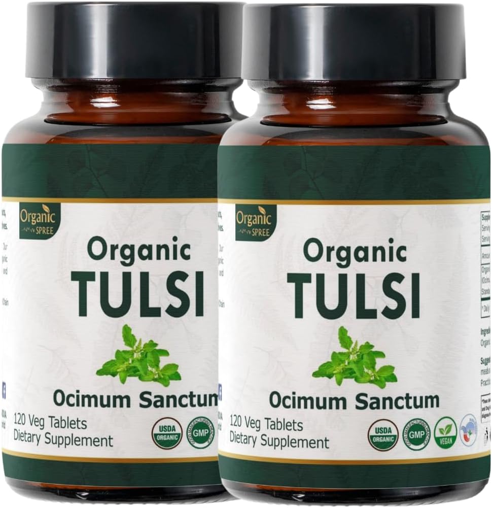 USDA Organic Certified Vegan Holy Basil Tulsi Tablets - 240 Count - Pack of 2 - Natural and Organic