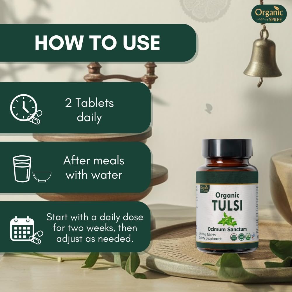 USDA Organic Certified Vegan Holy Basil Tulsi Tablets - 240 Count - Pack of 2 - Natural and Organic