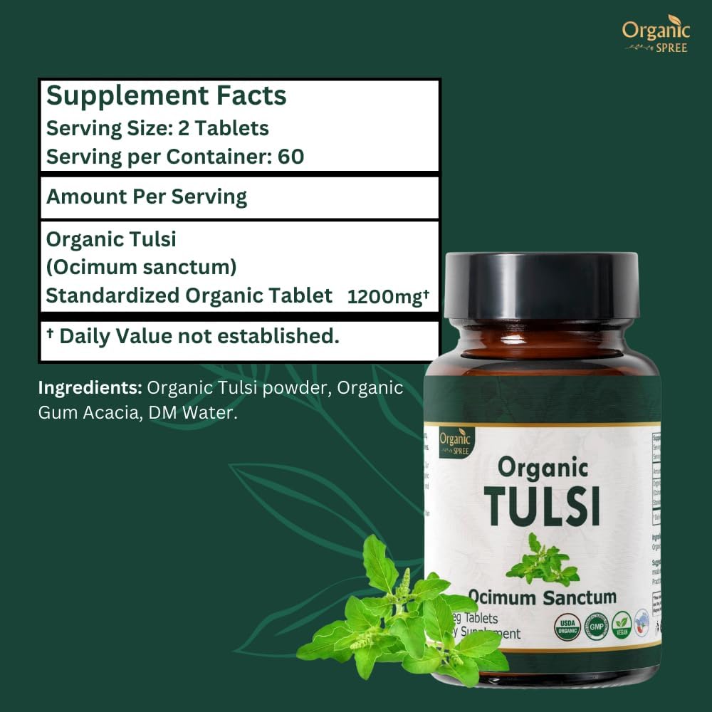 USDA Organic Certified Vegan Holy Basil Tulsi Tablets - 240 Count - Pack of 2 - Natural and Organic