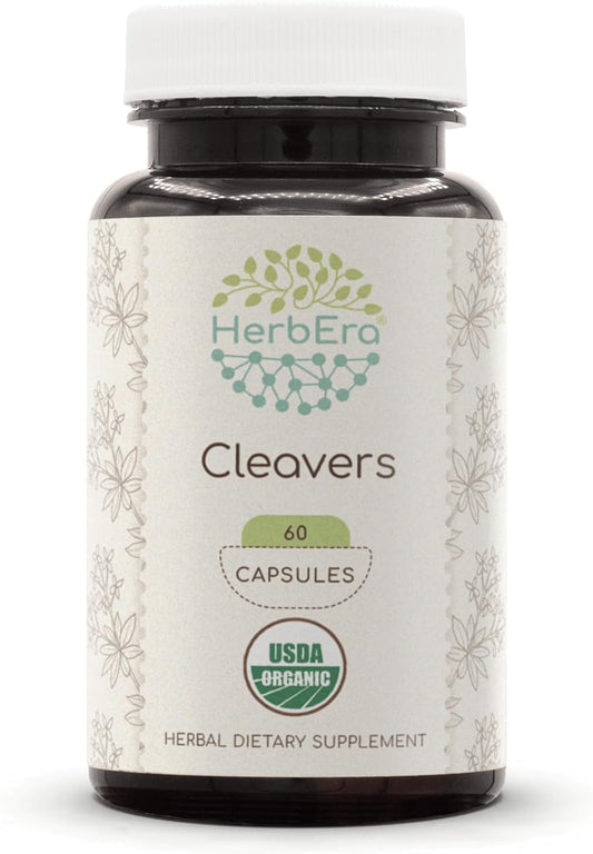 USDA Organic Cleavers 400mg Capsules - HerbEra Galium aparine Dried Herb Supplement
