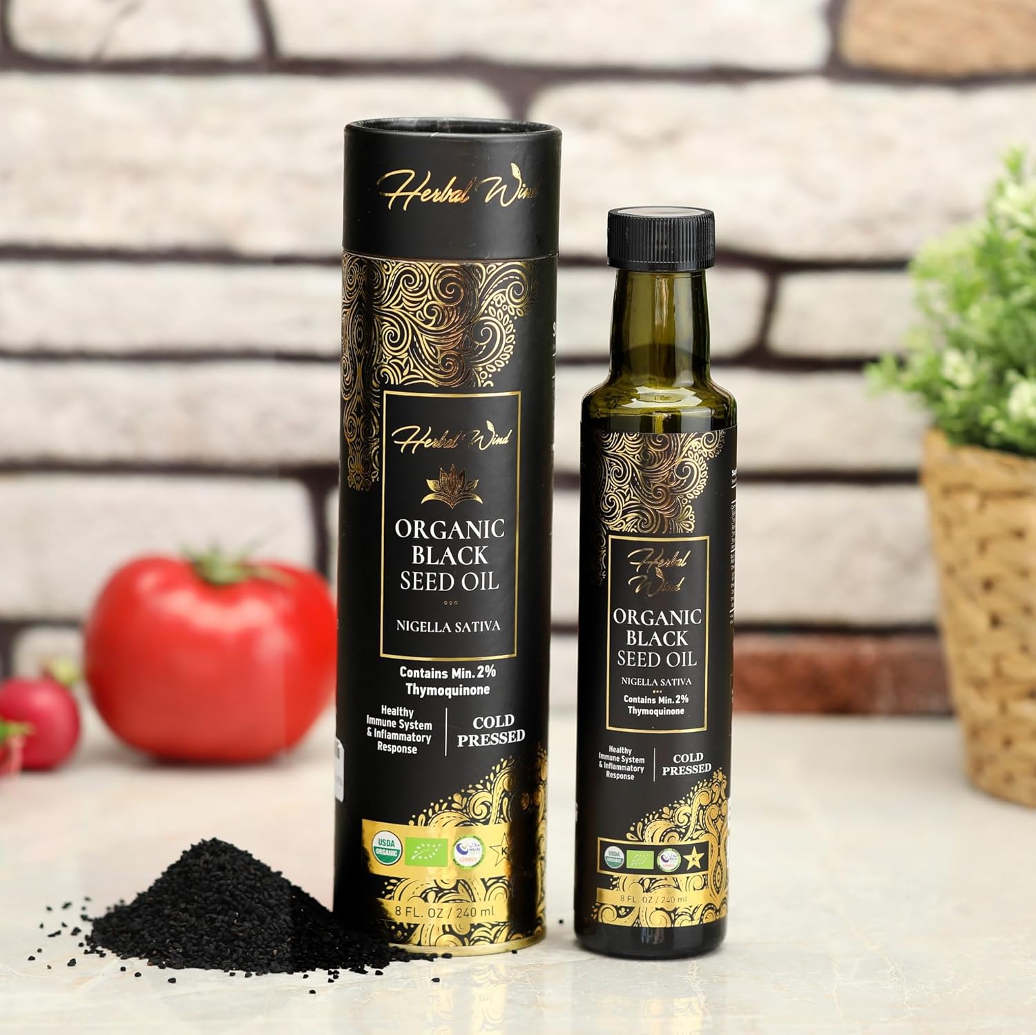 USDA Organic Cold Pressed Herbal Wind Black Seed Oil - 8 Fl Oz Liquid with 2% Thymoquinone for Immune Support and Joint Health