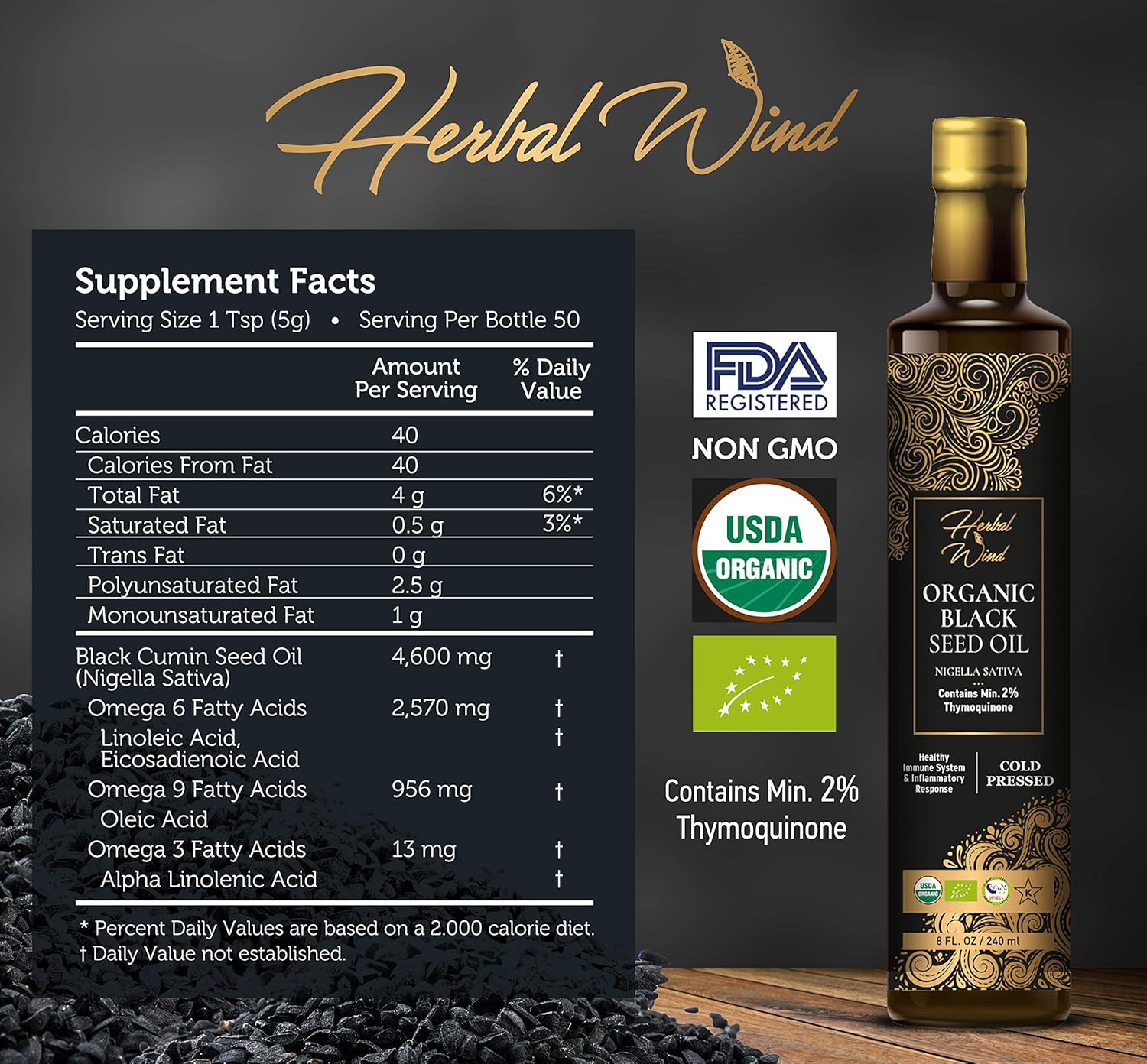 USDA Organic Cold Pressed Herbal Wind Black Seed Oil - 8 Fl Oz Liquid with 2% Thymoquinone for Immune Support and Joint Health