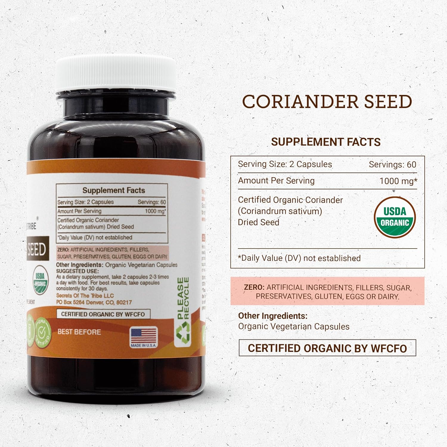 USDA Organic Coriander Seed 1000mg Capsules - Secrets of the Tribe Dried Seed Supplement