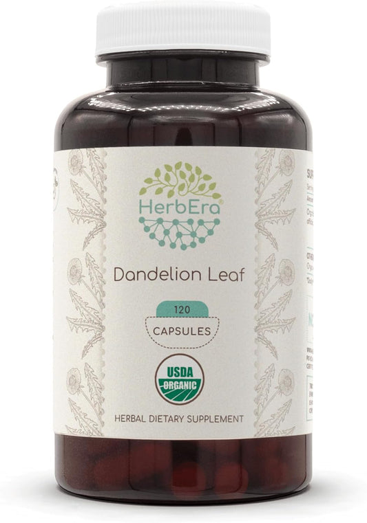 USDA Organic Dandelion Leaf Capsules - 120 Capsules, 500mg - HerbEra Dandelion Leaf Supplement