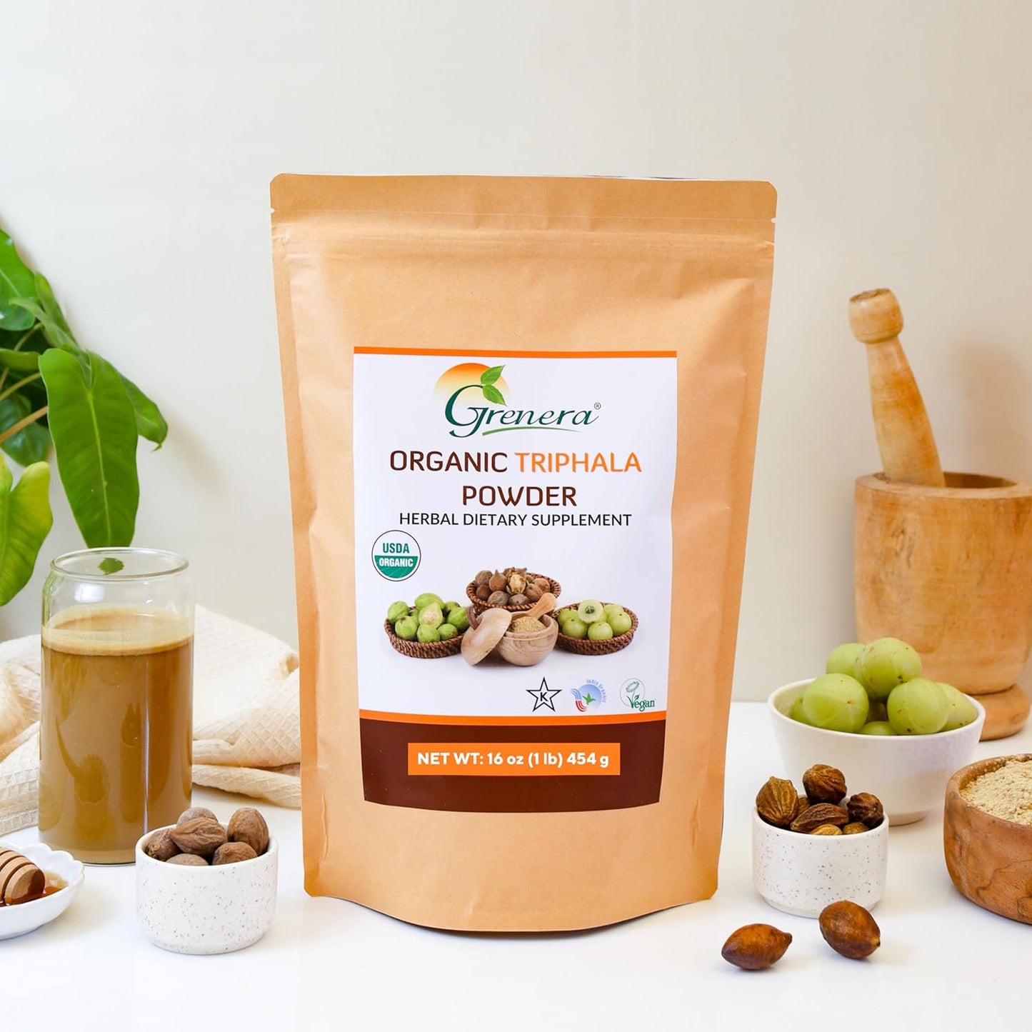 USDA Organic Grenera Triphala Powder 1 lb - Amalaki, Bibhitaki, Haritaki - Vegan & Kosher Certified - 16 Ounce (454g)