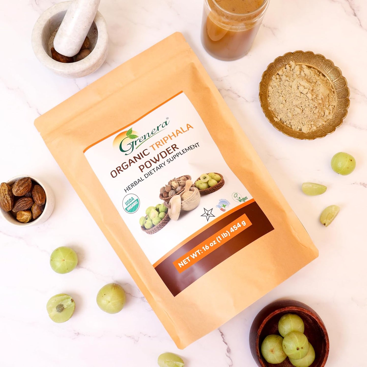 USDA Organic Grenera Triphala Powder 1 lb - Amalaki, Bibhitaki, Haritaki - Vegan & Kosher Certified - 16 Ounce (454g)