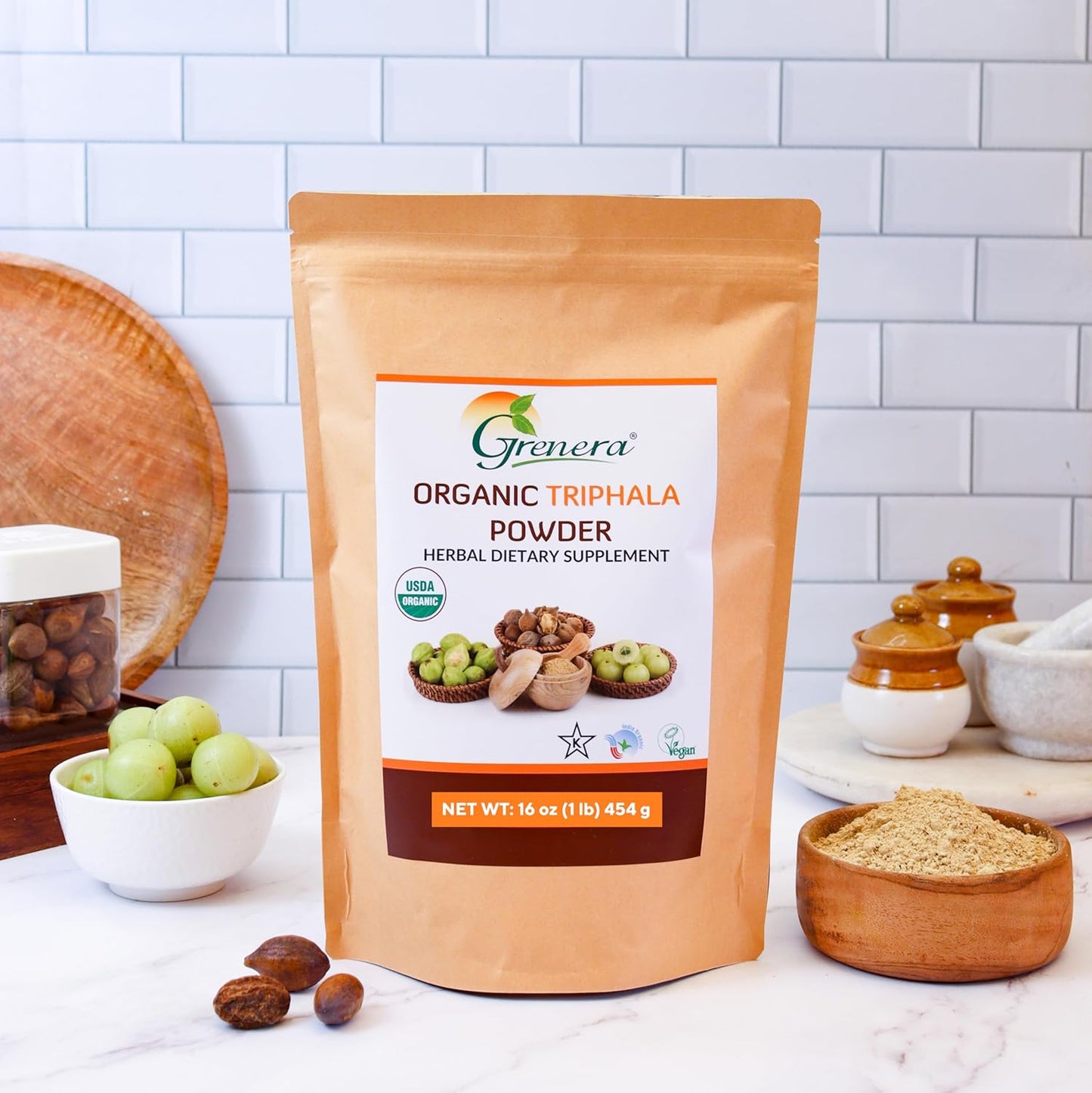USDA Organic Grenera Triphala Powder 1 lb - Amalaki, Bibhitaki, Haritaki - Vegan & Kosher Certified - 16 Ounce (454g)