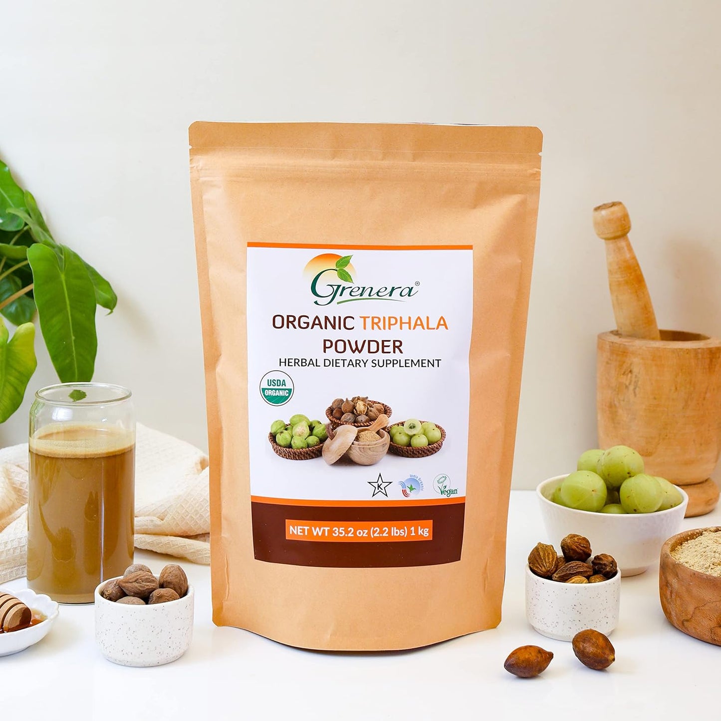 USDA Organic Grenera Triphala Powder 2.2 lb (35.2 oz) - Amalaki, Bibhitaki, Haritaki Fruit - Vegan, Kosher Certified