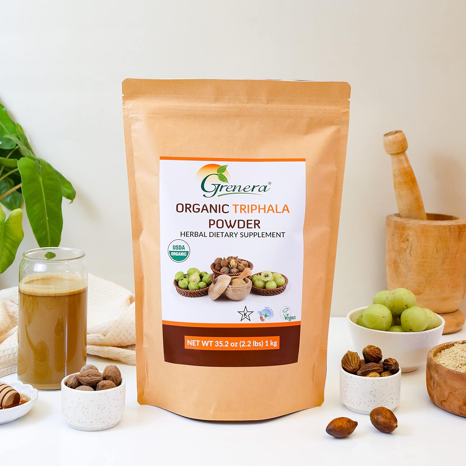 USDA Organic Grenera Triphala Powder 2.2 lb (35.2 oz) - Amalaki, Bibhitaki, Haritaki Fruit - Vegan, Kosher Certified