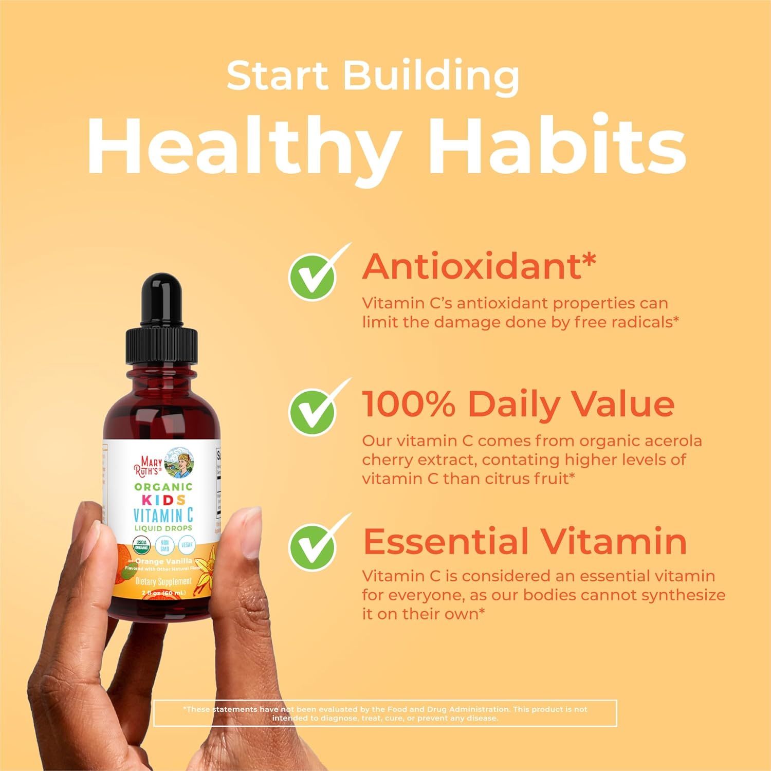 USDA Organic Kids Probiotic & Vitamin C Drops by MaryRuth Organics | Clean Label Project Verified® | Vegan, Non-GMO, Gluten Free | Supports Gut Health, Immune System, & Overall Wellness