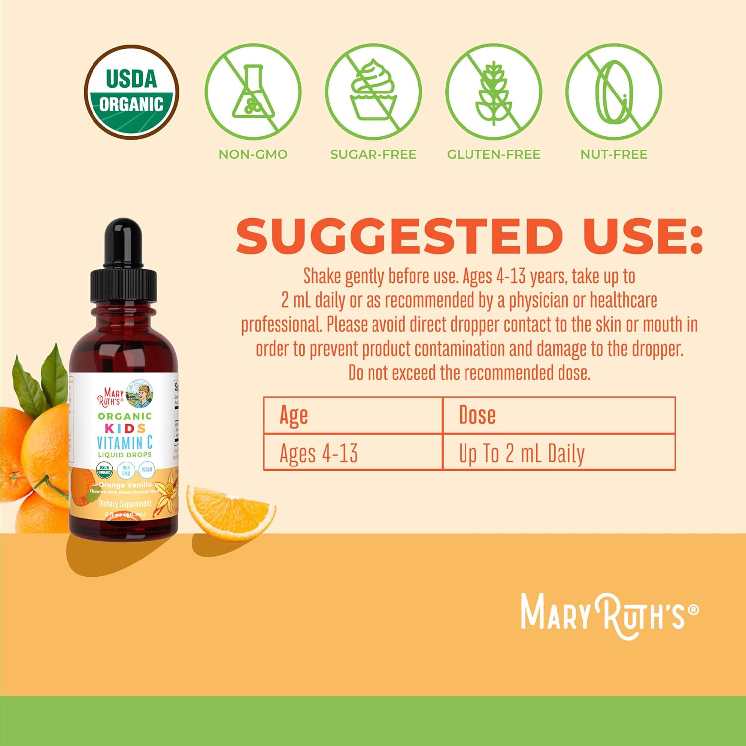 USDA Organic Kids Probiotic & Vitamin C Drops by MaryRuth Organics | Clean Label Project Verified® | Vegan, Non-GMO, Gluten Free | Supports Gut Health, Immune System, & Overall Wellness
