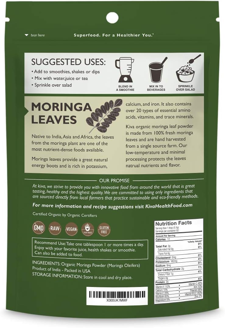 USDA Organic Moringa Leaf Powder - Superfood Nutrition for Immune Support and Energy Boost - Raw, Vegan, Non-GMO - 16oz Bag