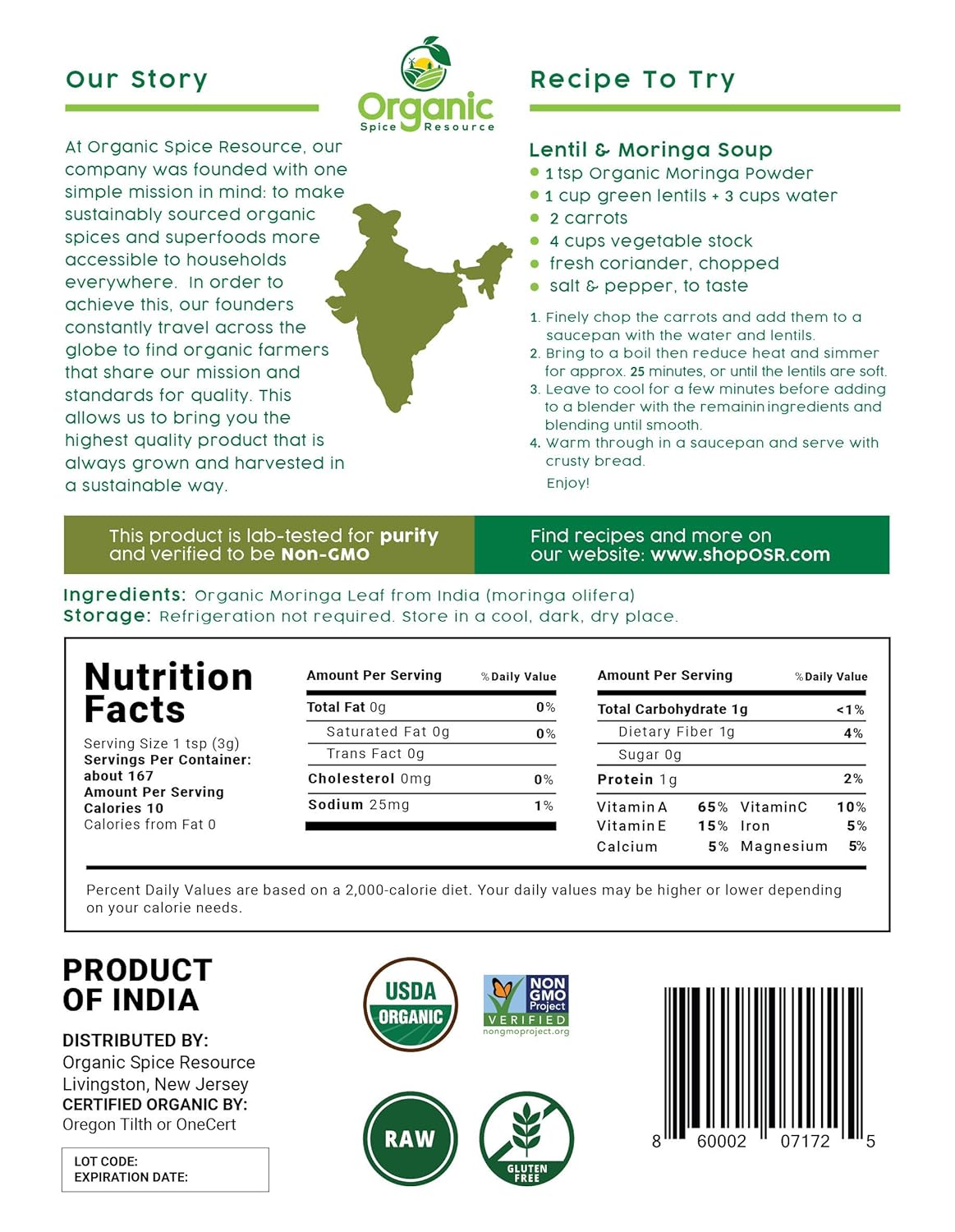 USDA Organic Moringa Powder 35.28 oz - Pack of 2 | Non-GMO, Kosher, Halal | 100% Raw and Natural by OSR