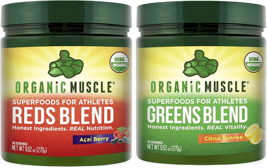 USDA Organic Muscle Vegan Greens and Reds Superfood Powder Bundle - Plant Based Red Juice & Green Juice for Energy, Focus, Digestion & Immune System Support - Non GMO (30 Servings)