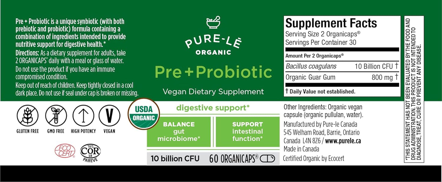 USDA Organic Prebiotic + Probiotic Vegan Supplement - Complete Daily Digestive Support with Natural Ingredients - 60 Organic Capsules
