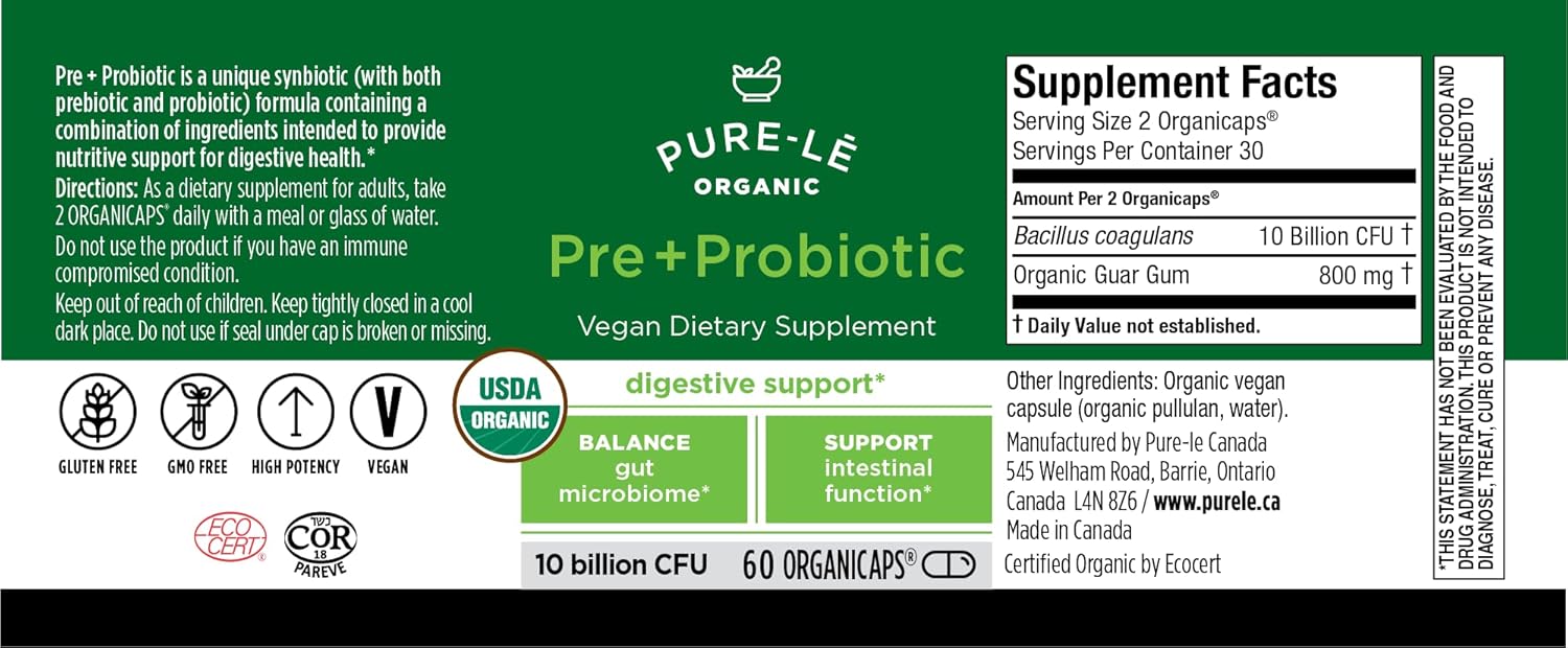 USDA Organic Prebiotic + Probiotic Vegan Supplement - Complete Daily Digestive Support with Natural Ingredients - 60 Organic Capsules