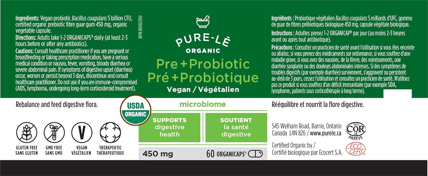 USDA Organic Prebiotic + Probiotic Vegan Supplement - Complete Daily Digestive Support with Natural Ingredients - 60 Organic Capsules