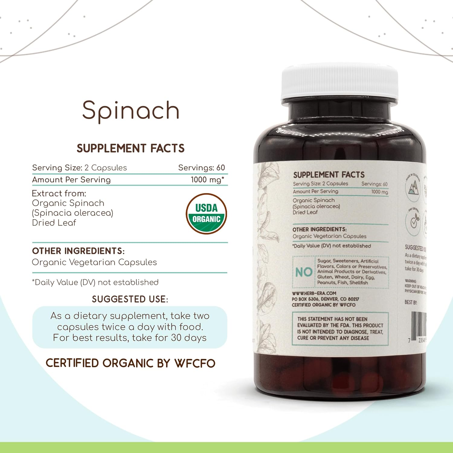 USDA Organic Spinach Capsules - HerbEra Spinach Supplement, 500mg, 120 Capsules