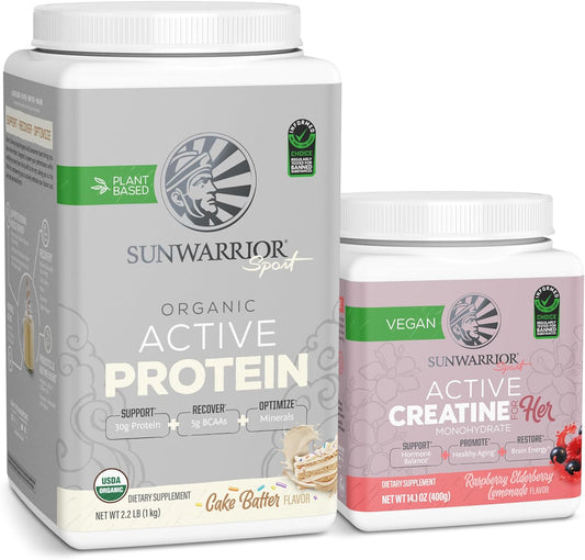 USDA Organic Sunwarrior Vegan Protein Powder & Creatine Monohydrate Bundle | Cake Batter & Raspberry Lemonade Flavored - 70 Servings