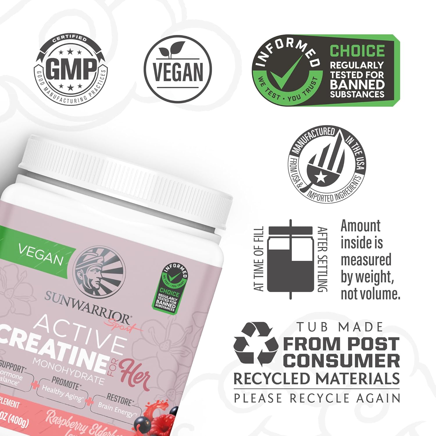 USDA Organic Sunwarrior Vegan Protein Powder & Creatine Monohydrate Bundle | Cake Batter & Raspberry Lemonade Flavored - 70 Servings