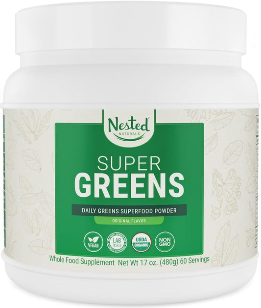 USDA Organic Super Greens Powder with Probiotics, Enzymes - 20+ Whole Foods, Spirulina, Wheat & Barley Grass - Original Flavor, 60 Servings