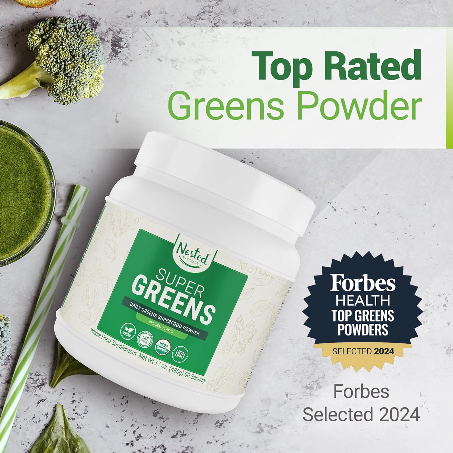 USDA Organic Super Greens Powder with Probiotics, Enzymes - 20+ Whole Foods, Spirulina, Wheat & Barley Grass - Original Flavor, 60 Servings