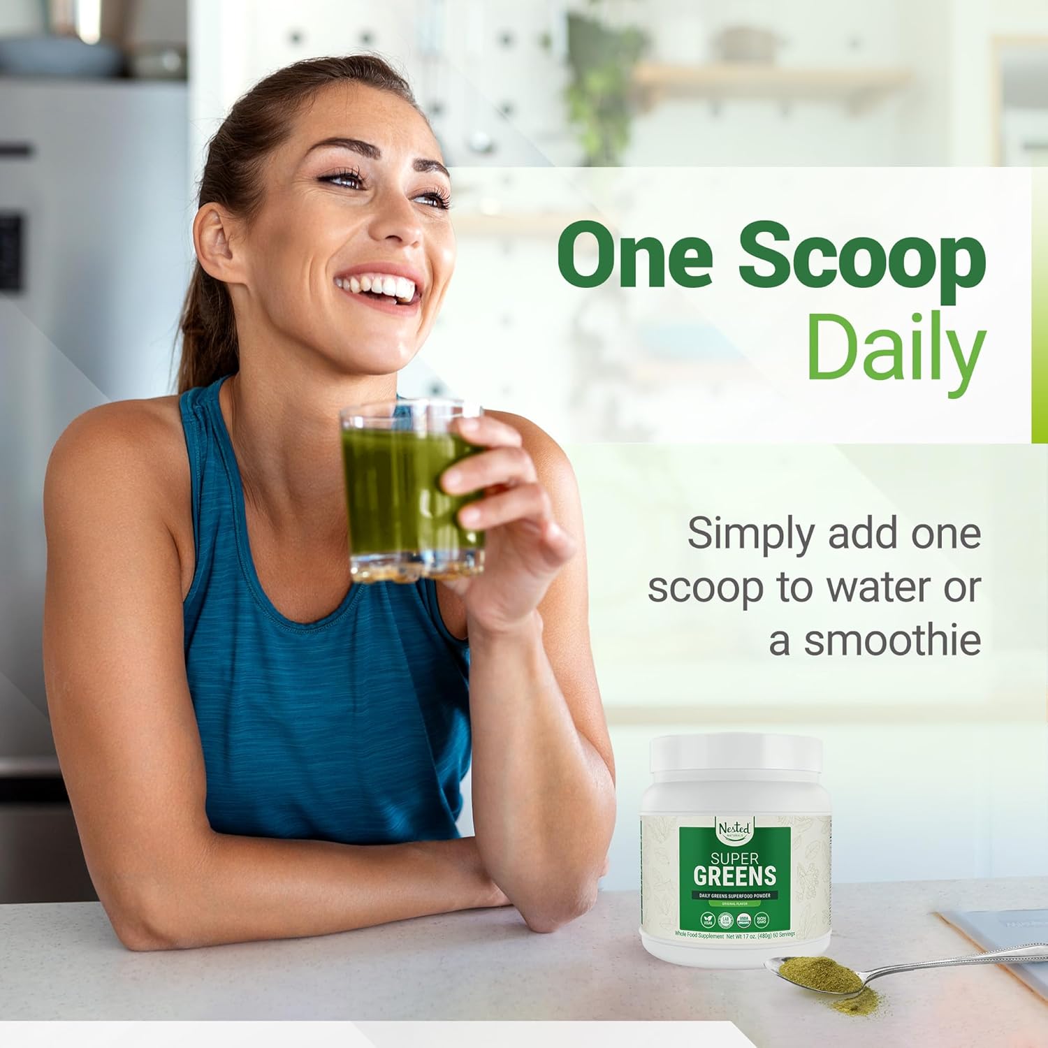 USDA Organic Super Greens Powder with Probiotics, Enzymes - 20+ Whole Foods, Spirulina, Wheat & Barley Grass - Original Flavor, 60 Servings