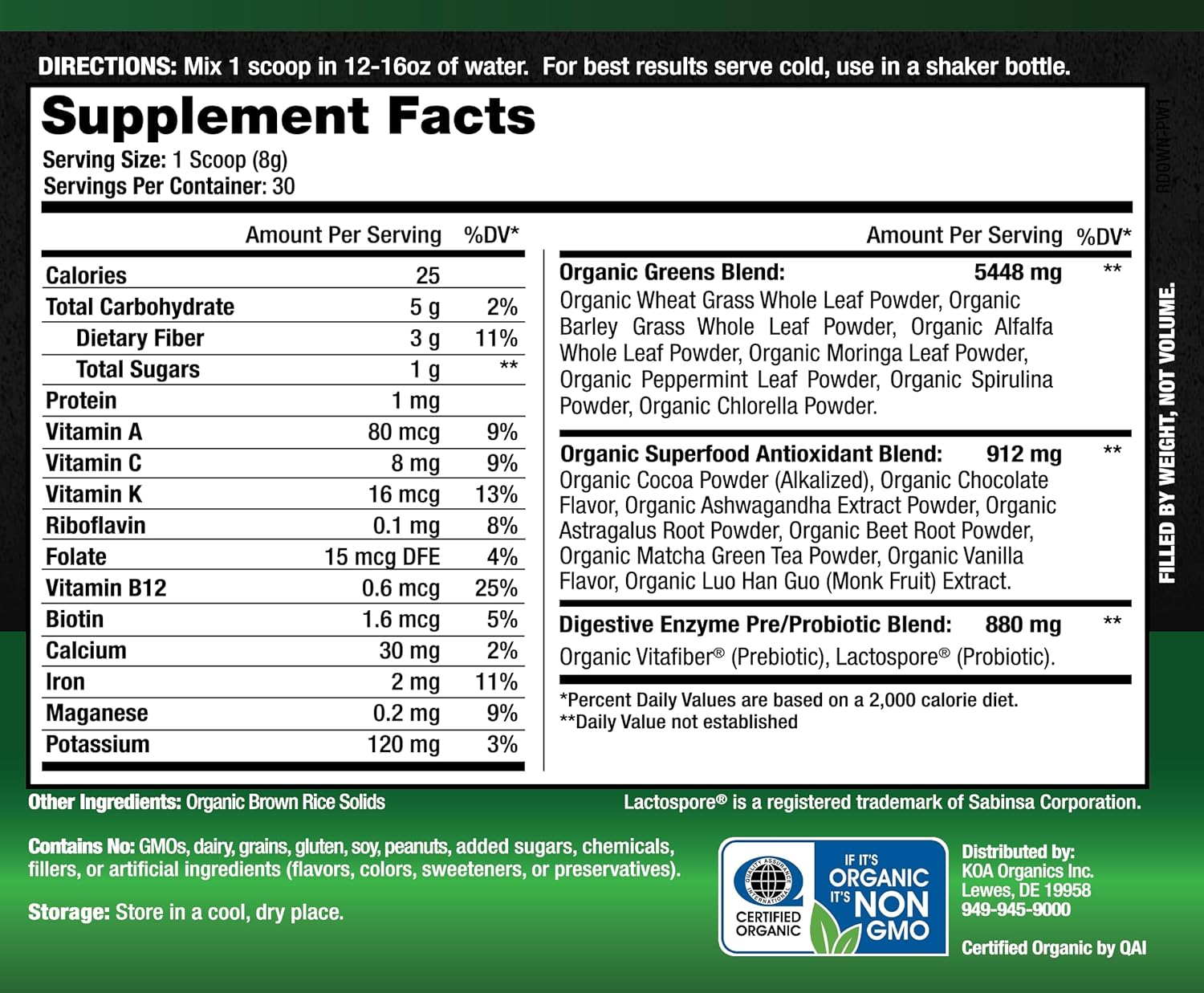 USDA Organic Super Greens Powder with Spirulina, Chlorella, Matcha, and Probiotics - Chocolate Flavor - 30 Servings