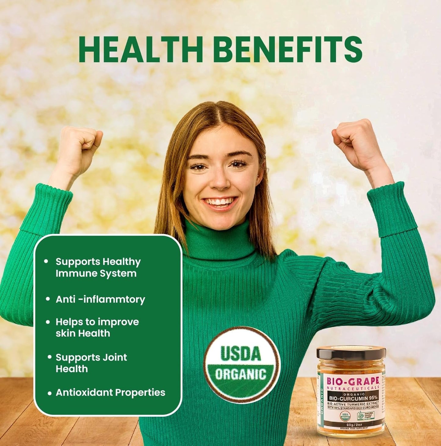 USDA Organic Turmeric Curcumin Extract with BIO-GRAPE Antioxidants - 60g Dose for Joint Support and Immune Boost - High Absorption Supplements