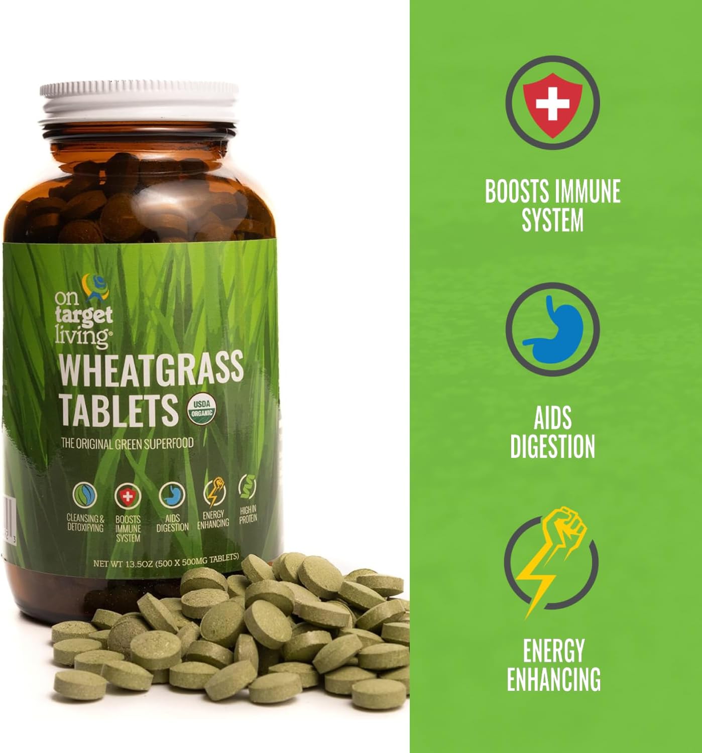 USDA Organic Wheatgrass Tablets - 500 Tablets | On Target Living Formula