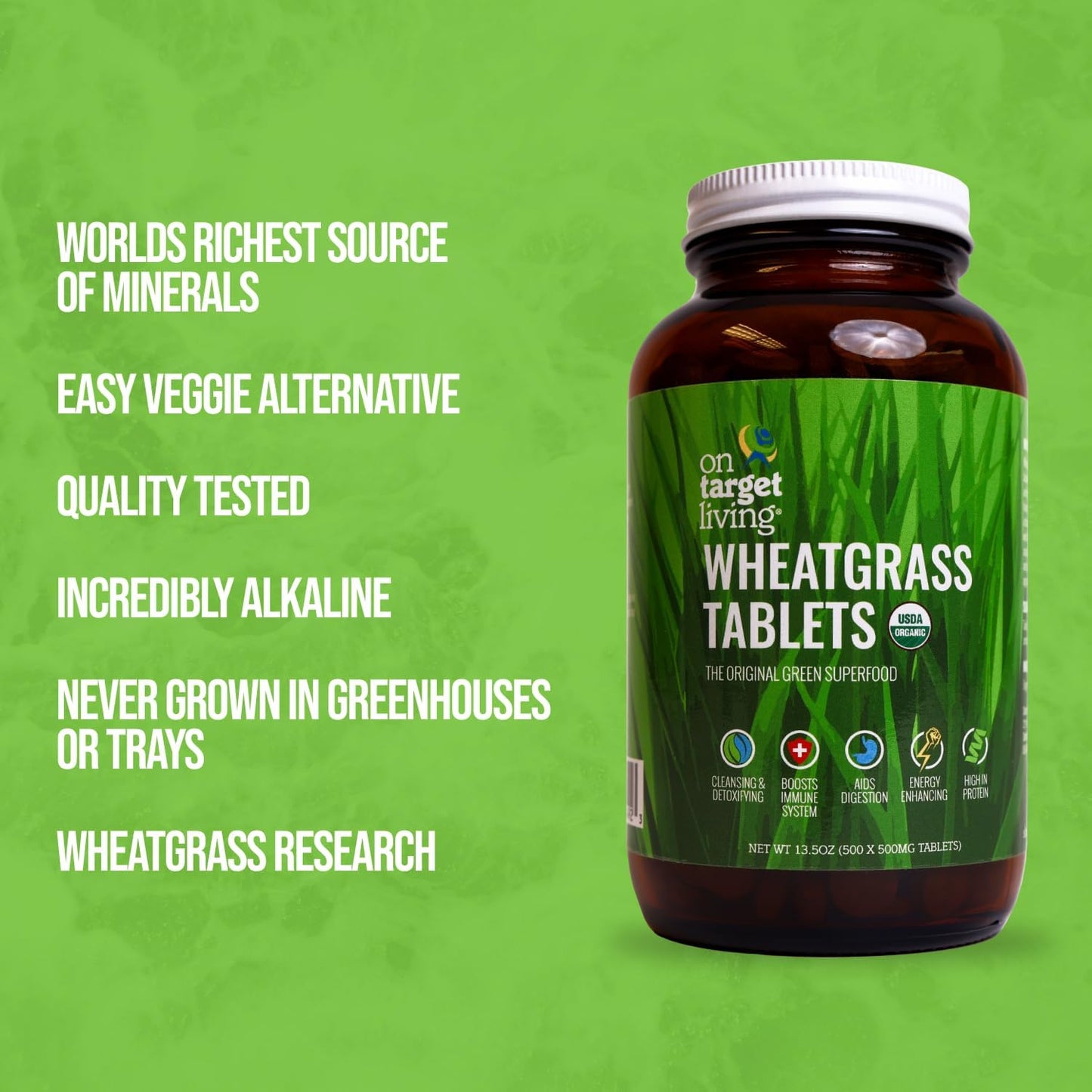 USDA Organic Wheatgrass Tablets - 500 Tablets | On Target Living Formula