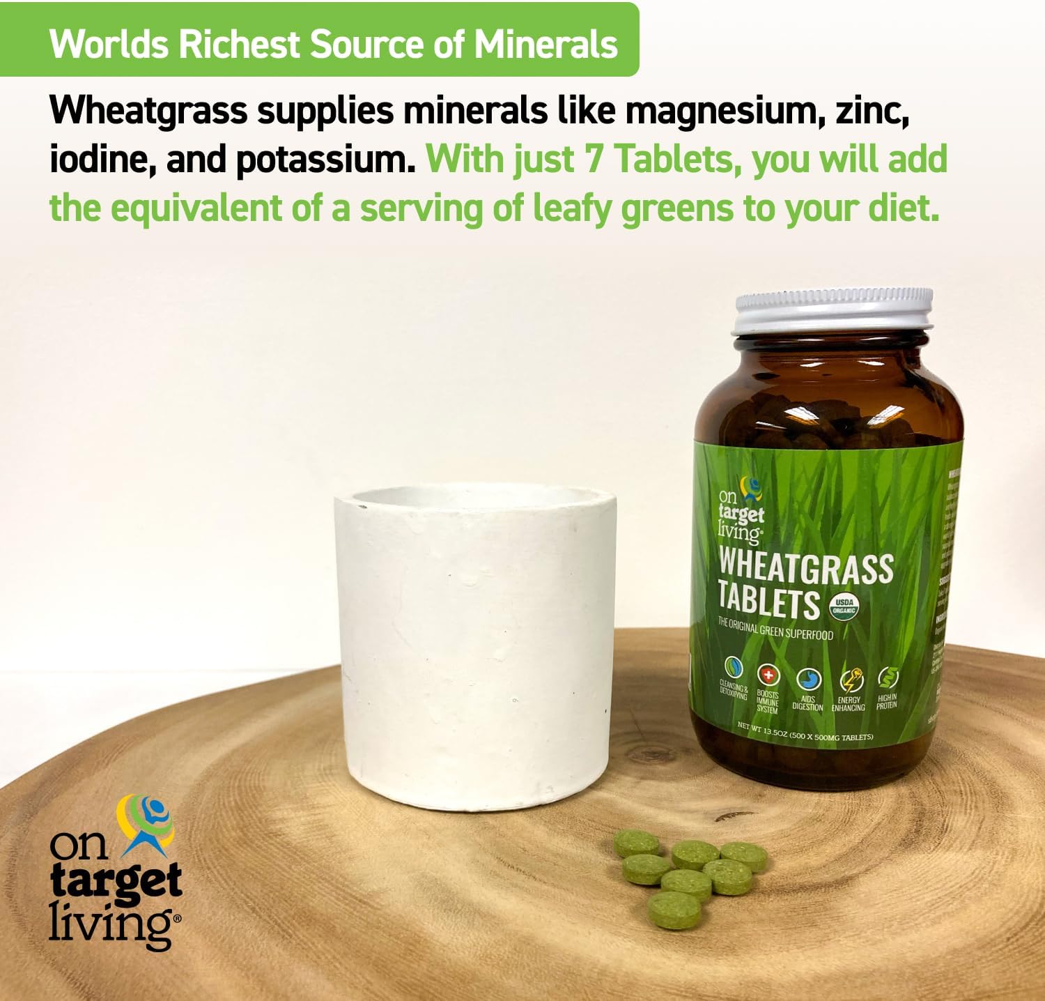 USDA Organic Wheatgrass Tablets - 500 Tablets | On Target Living Formula