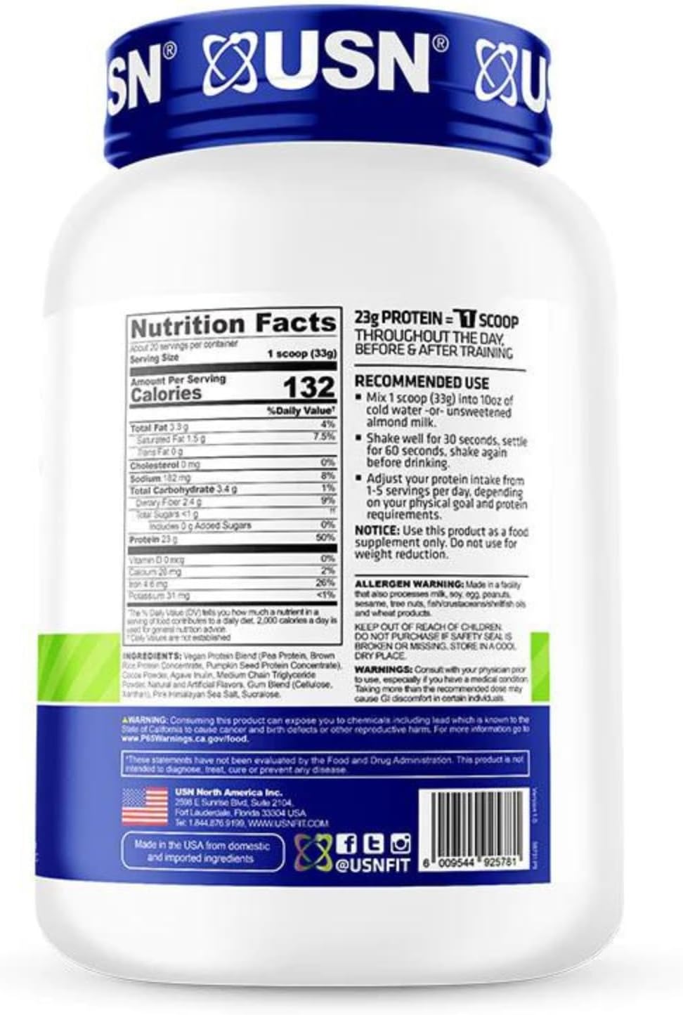 USN Nutrition Vegan Plant Protein Powder - 23g Protein, Sugar Free, Vanilla Flavor - Pea, Brown Rice, & Pumpkin Seed Blend - 1.5lbs