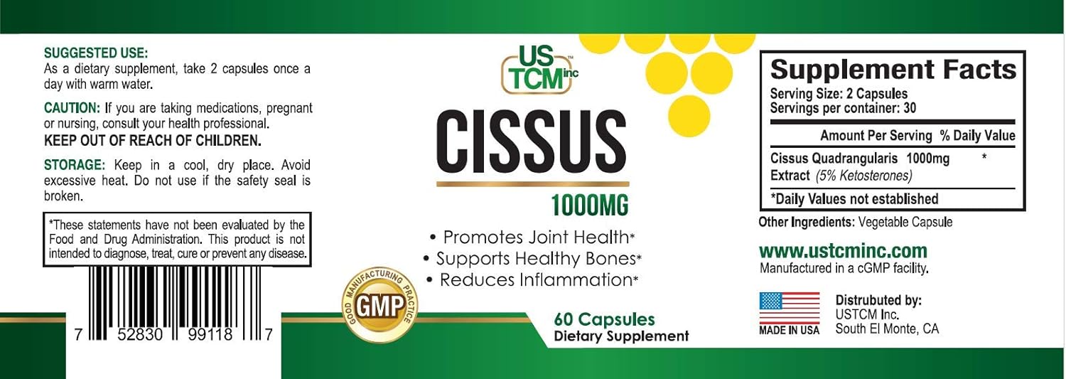 USTCM Cissus Quadrangularis Capsules - 1000mg with 5% Ketosterones - 60 Veg Capsules