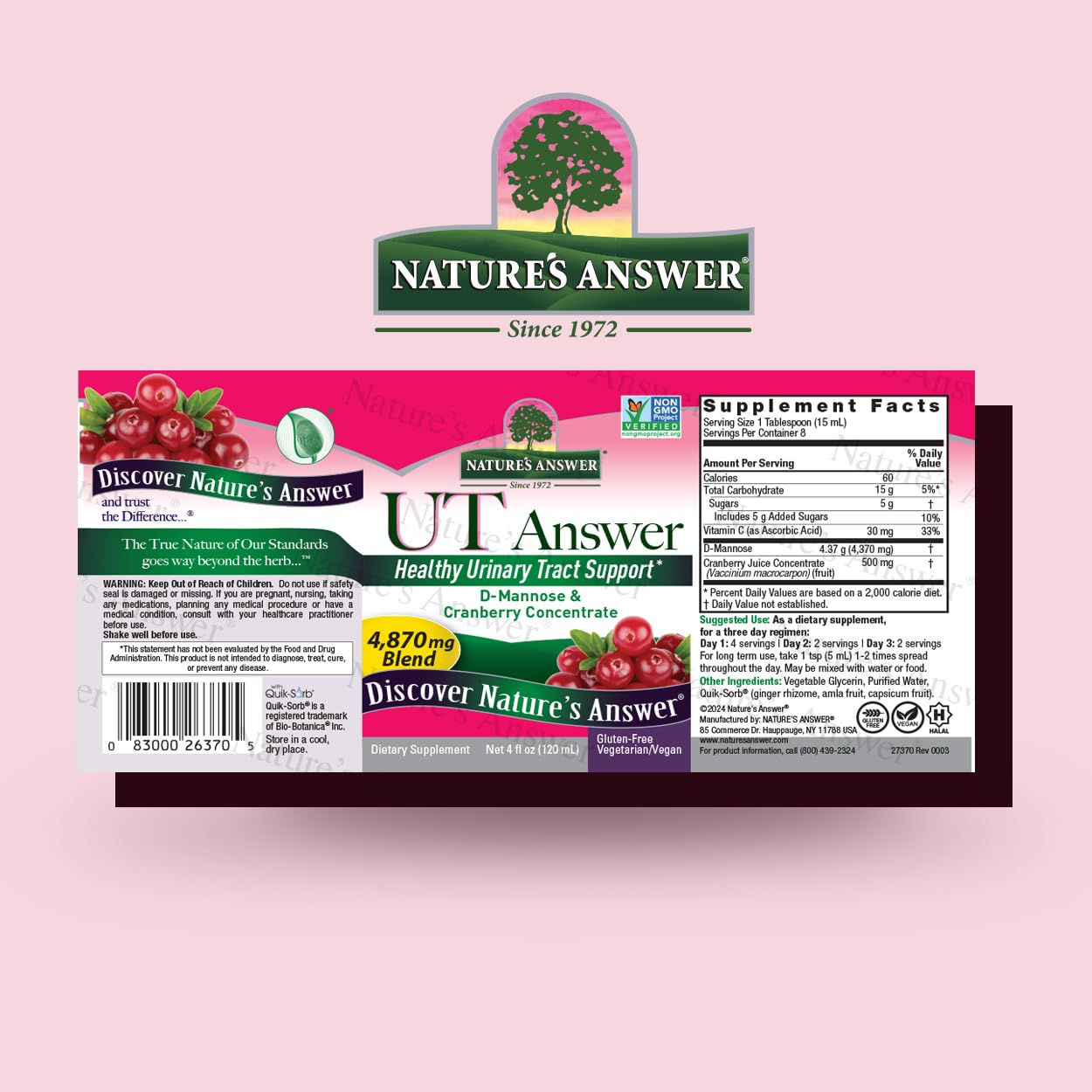 UT Answer Cranberry Flavor Dietary Supplement | Supports Urinary Tract System | Alcohol-Free, Gluten-Free, Vegan | 4oz