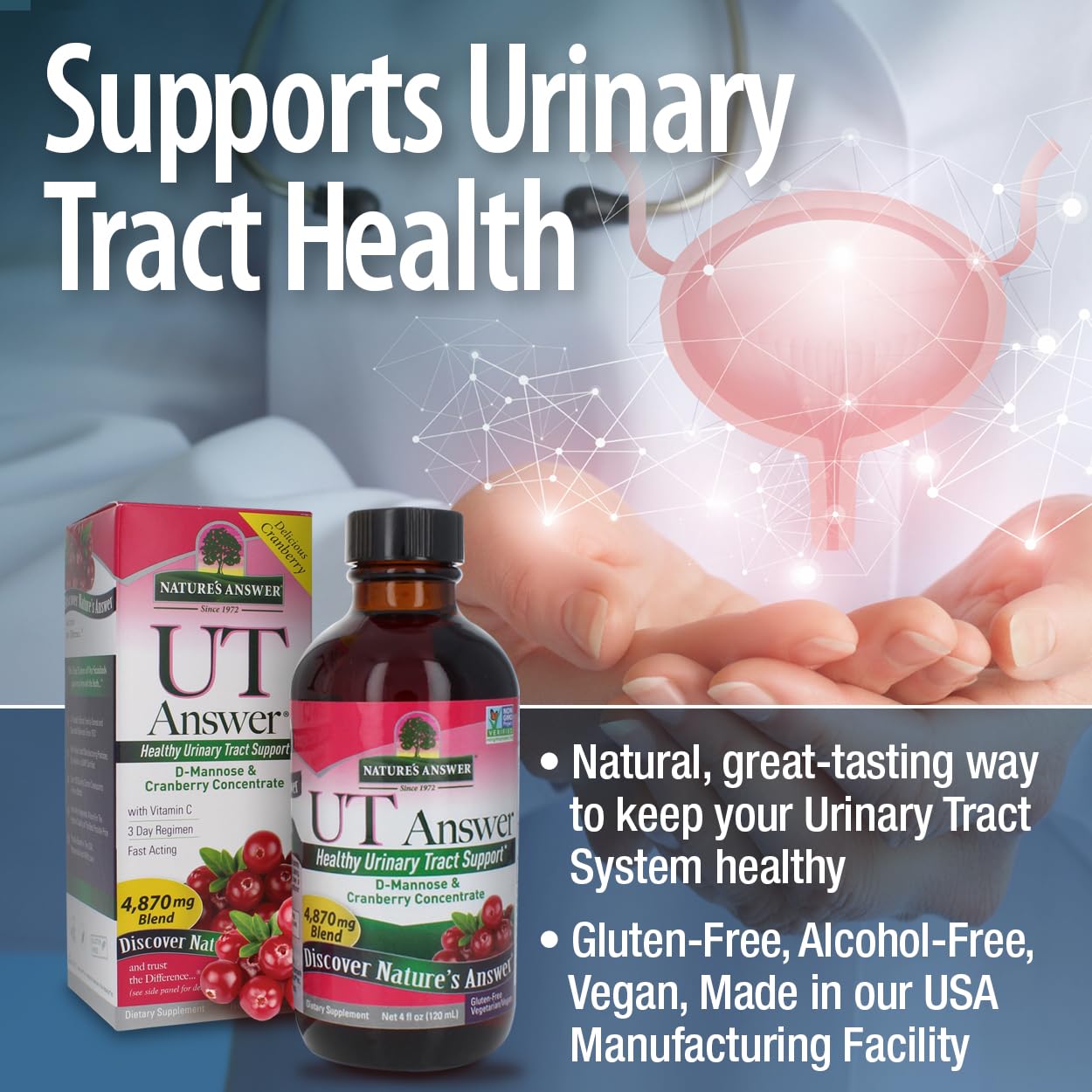 UT Answer Cranberry Flavor Dietary Supplement | Supports Urinary Tract System | Alcohol-Free, Gluten-Free, Vegan | 4oz